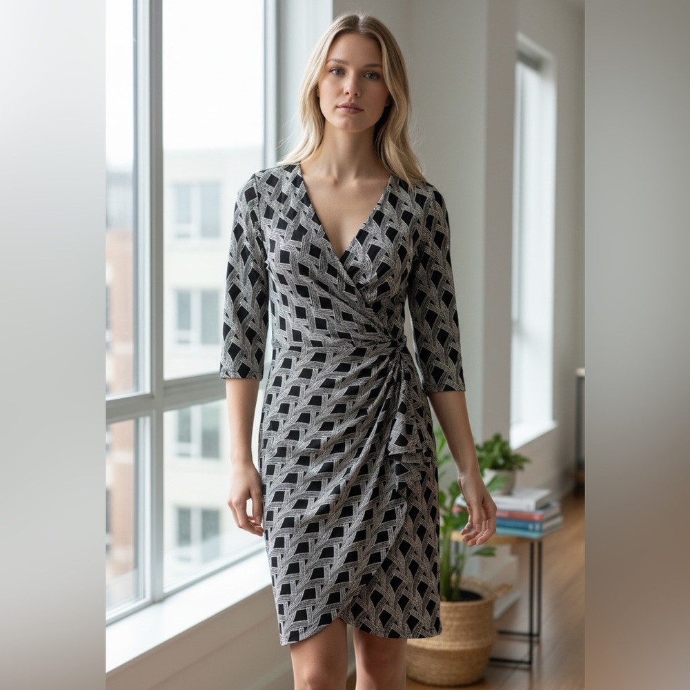 White House Black Market Knee-Length Wrap Dress.  Black/White.  Size 2.